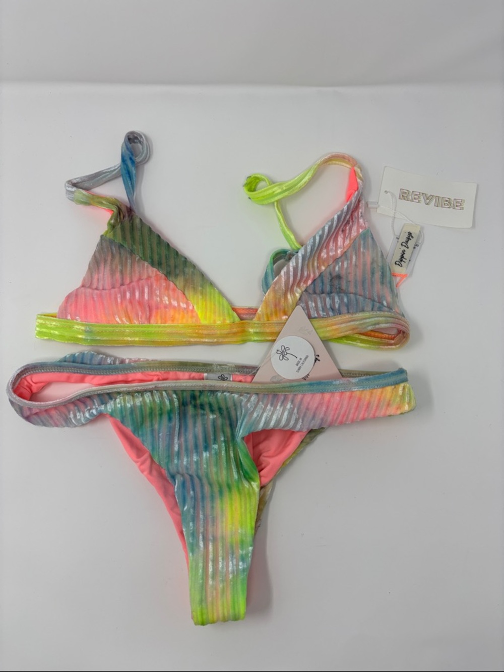 Revibe Dippin Daisys | Neon Rainbow Ribbed Bikini Set Small